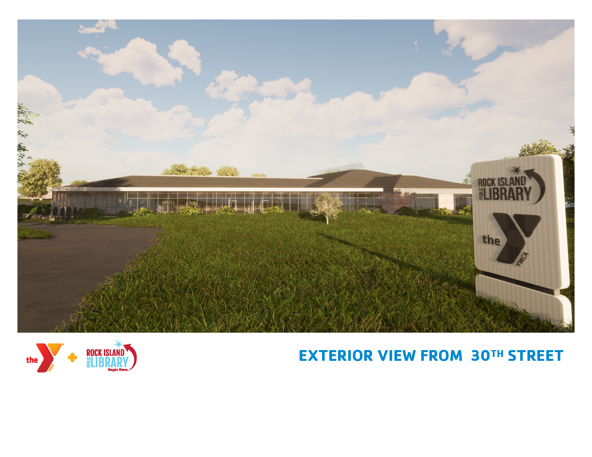 Architectural rendering of entrance sign and new building for Watts-Midtown branch