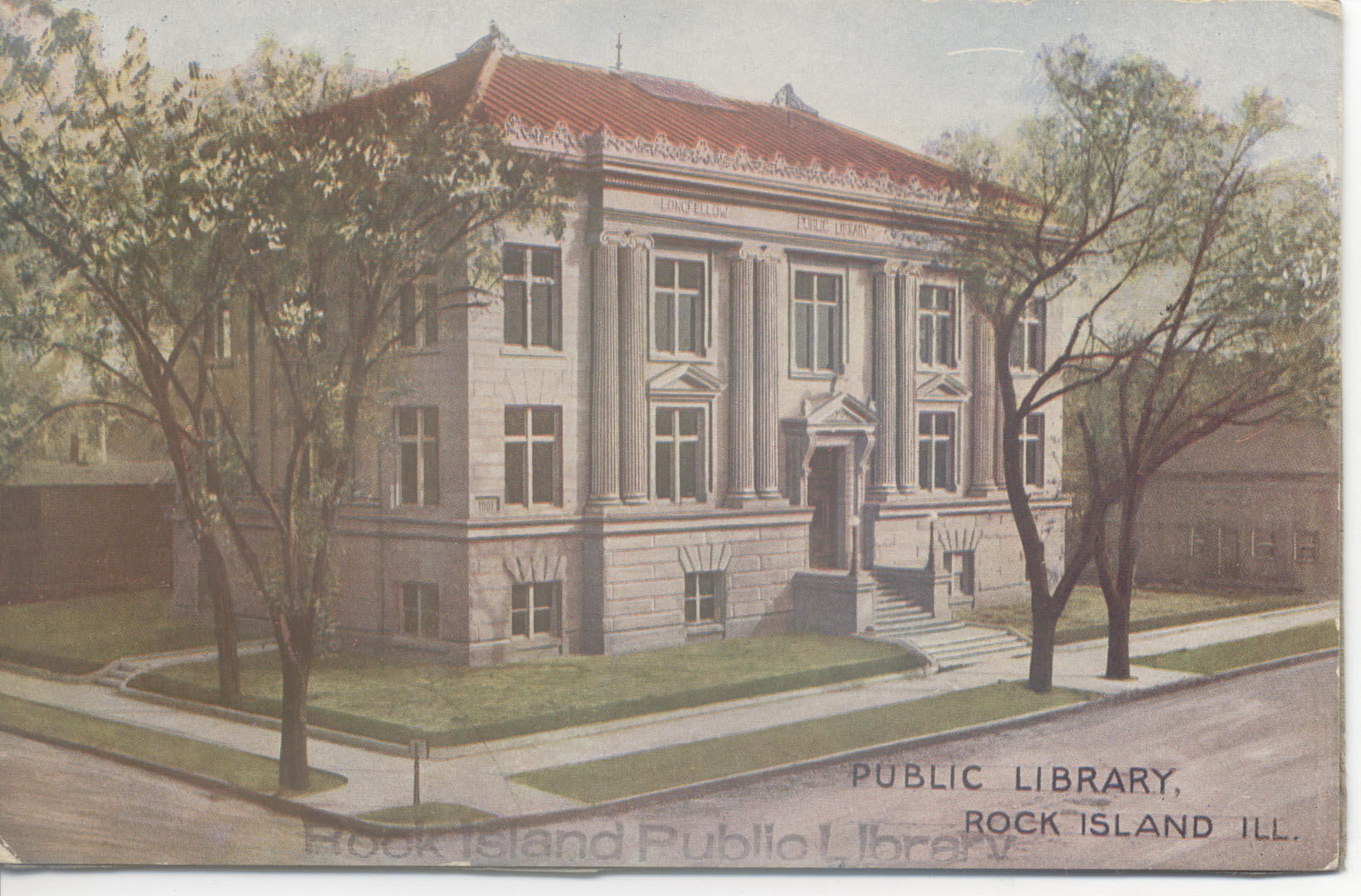 Postcard of colorized photo of historic Rock Island library building