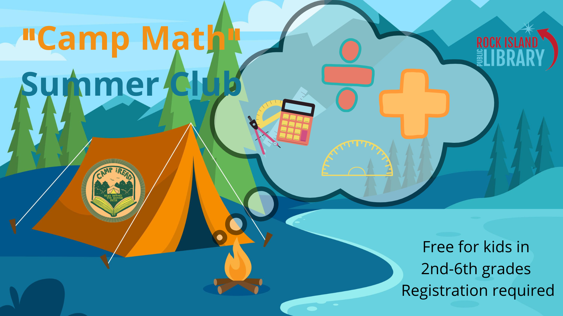 Camping scene featuring details about "camp math club" and the iRead logo. 