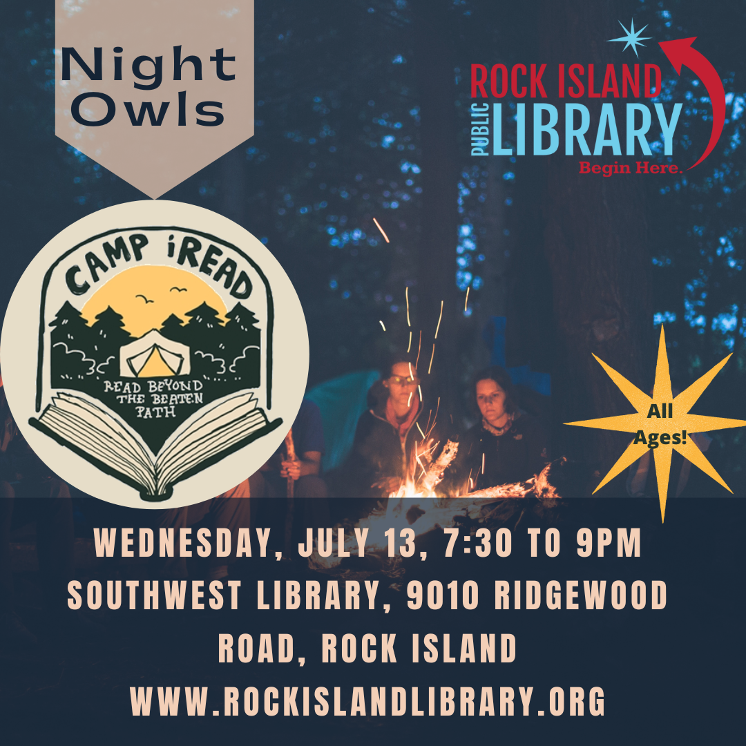 people at night campfire, library logo, camp iRead