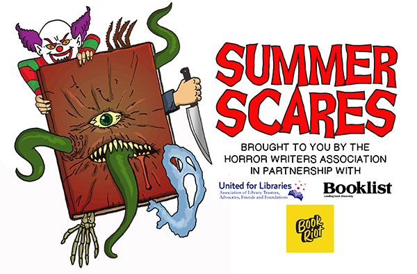 The Summer Scares 2022 logo, which features a book with eyes holding a dagger.