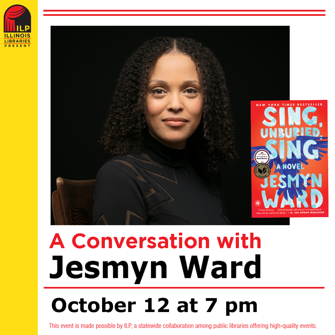Photo of Jesmyn Ward in black sweater with book cover 