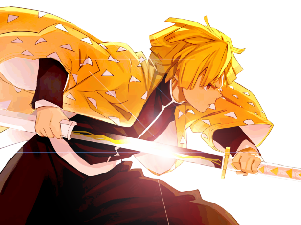 A young man with yellow hair, a yellow coat, and black clothing wields a sword.