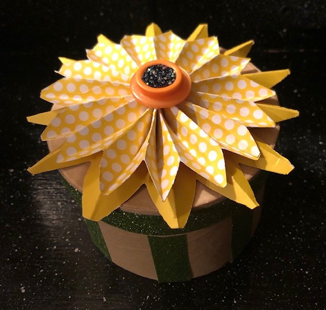 Sunflower box using paper, washi tape, and buttons.