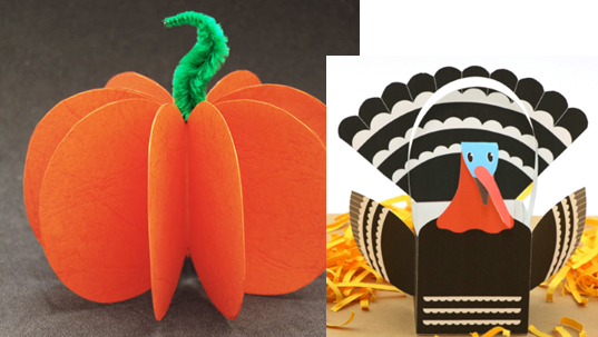 Pumpkin made with orange cardstock with Chenille stem and a Turkey basket perfect for treats to gobble, gobble up!