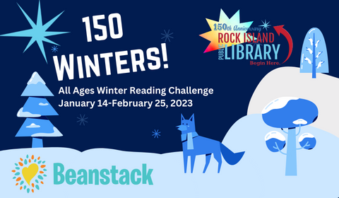 Winter Reading Challenge 150 Winters winter scene of snow, fox with scarf, trees and library logo 