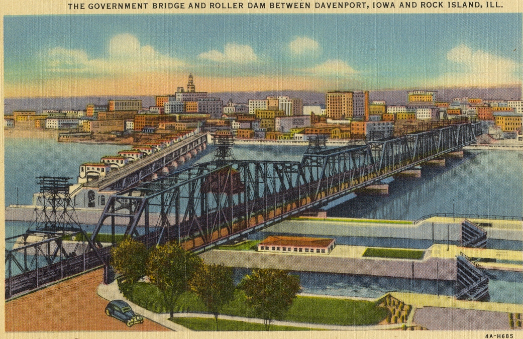 A postcard image of the arsenal bridge and roller dam at Rock Island, Illinois