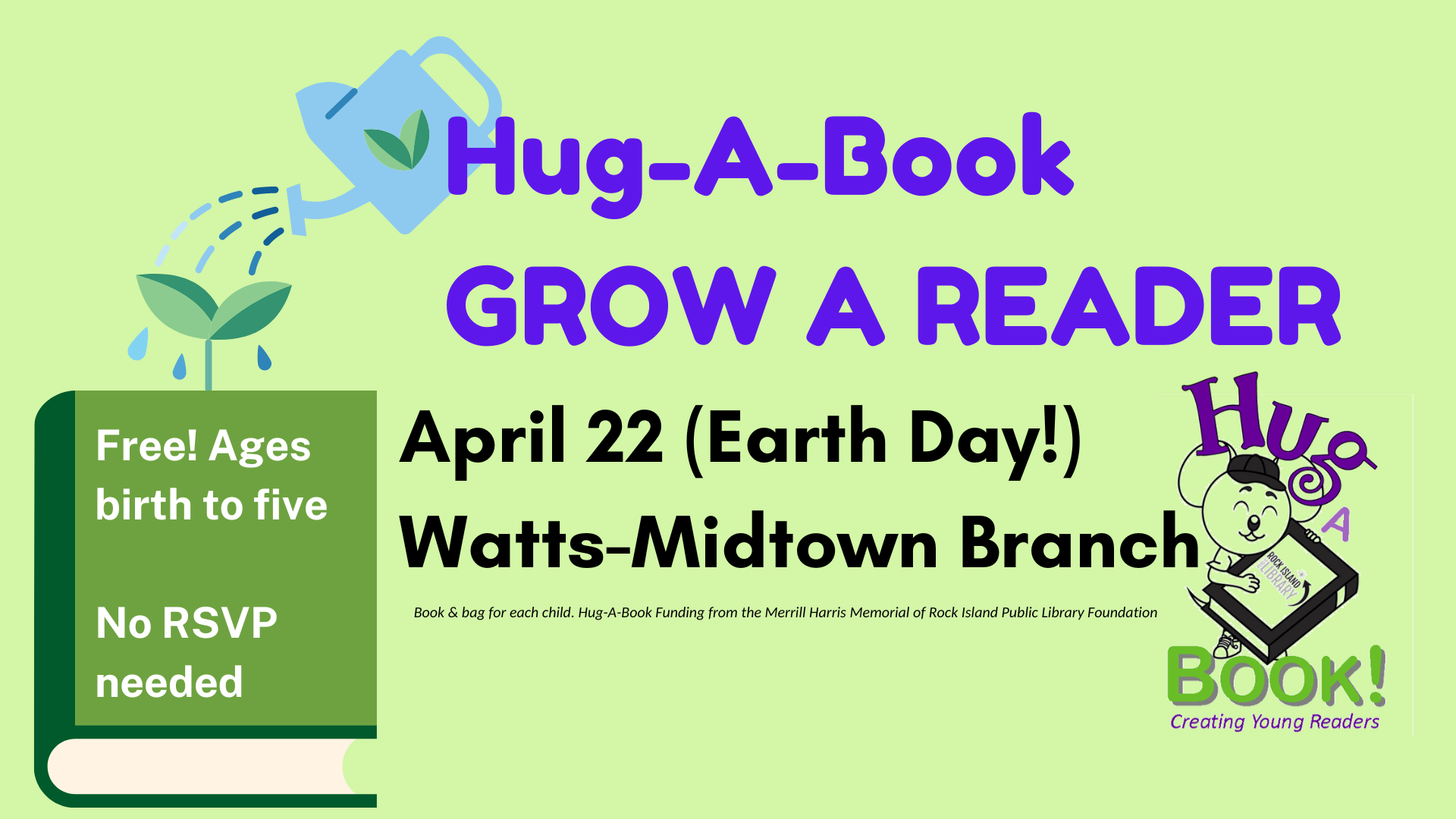watering can pouring onto book Hug A Book Grow a Reader