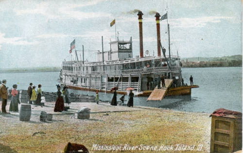 Passengers disembarking at Rock Island from a steamboat