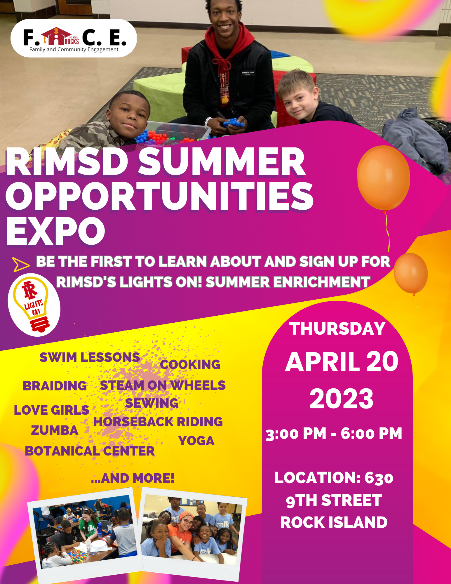 Summer Opportunities Expo flyer shows children in summer activities 