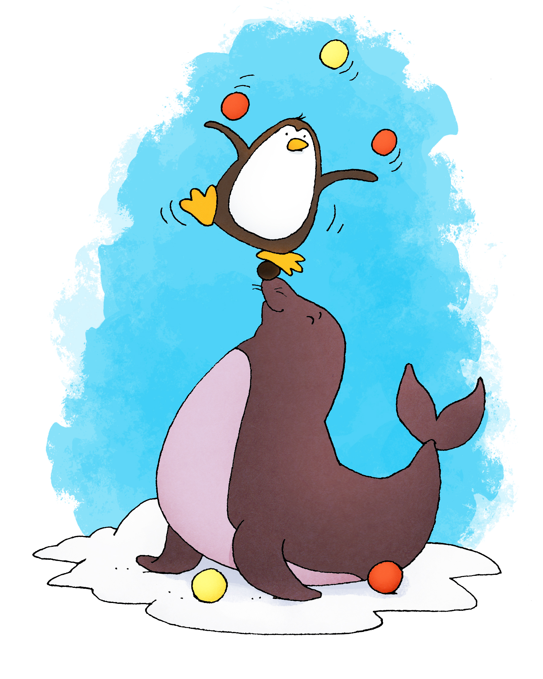 Penguin juggling on top of a seal's nose, light-hearted illustration