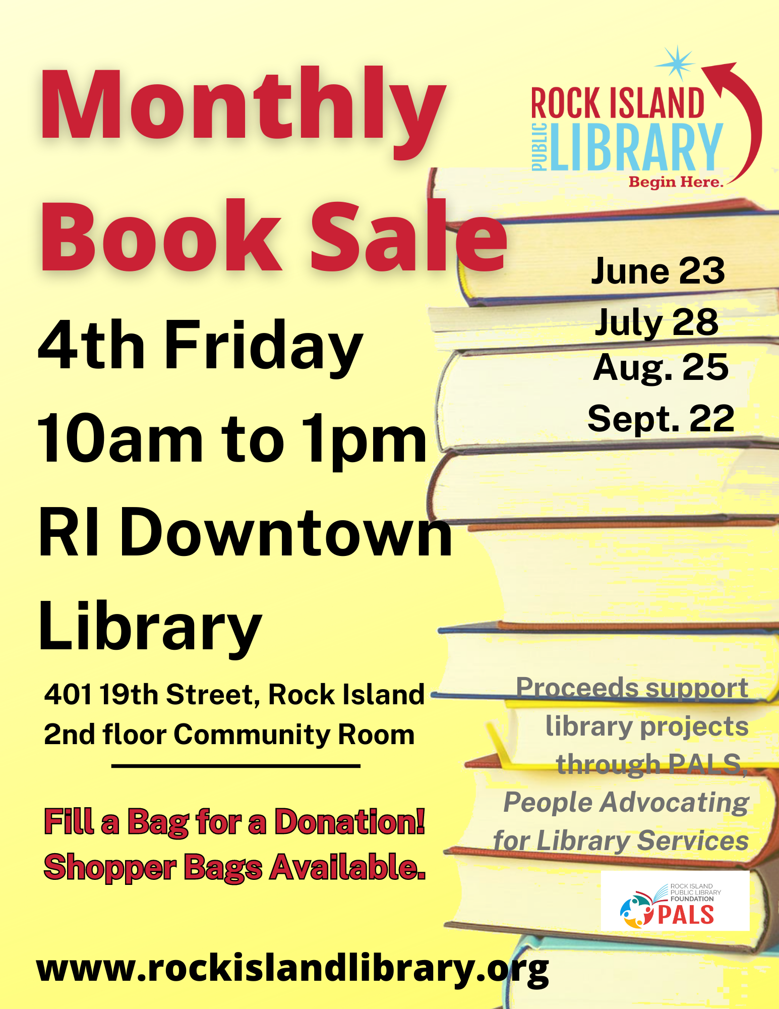 Book sale today poster with dates for june, july, aug and september