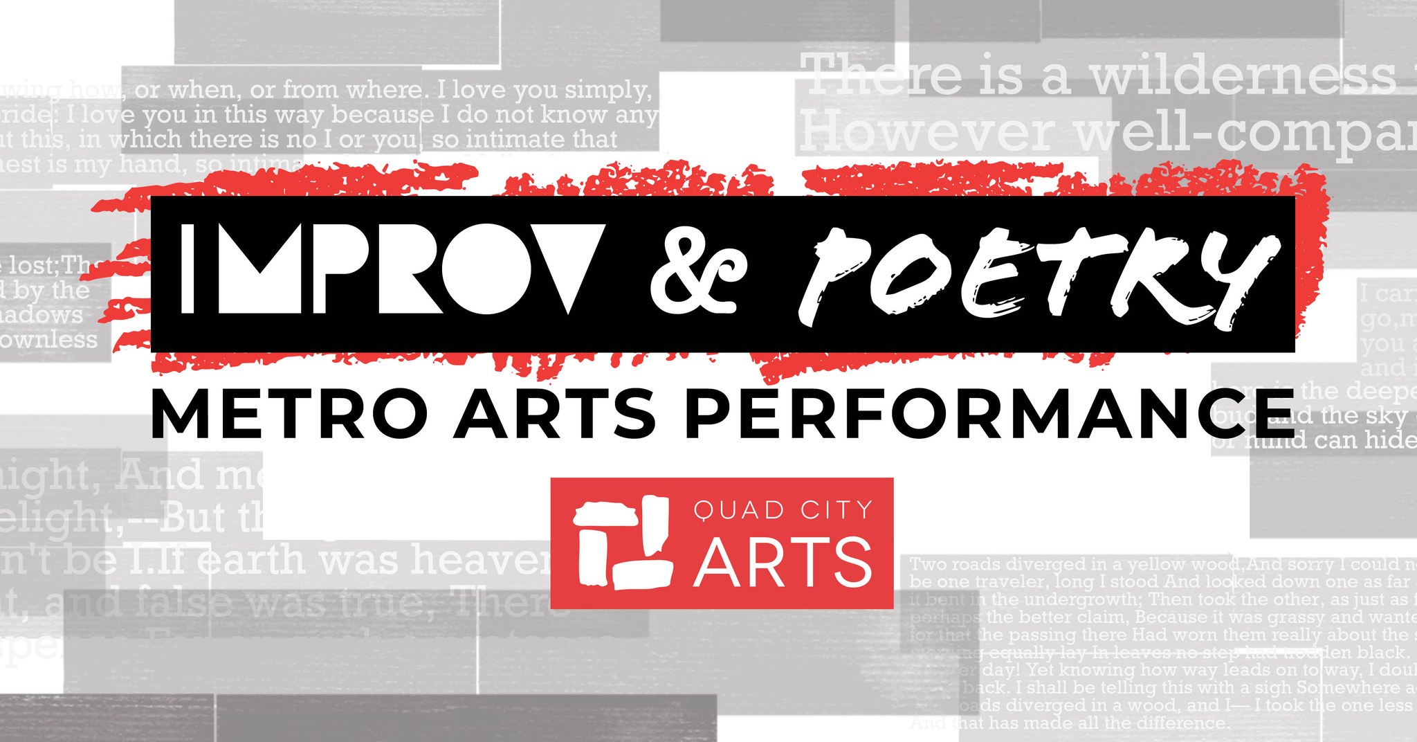 background of poetry text words Improv & Poetry, Metro Arts Performance, QC Arts logo