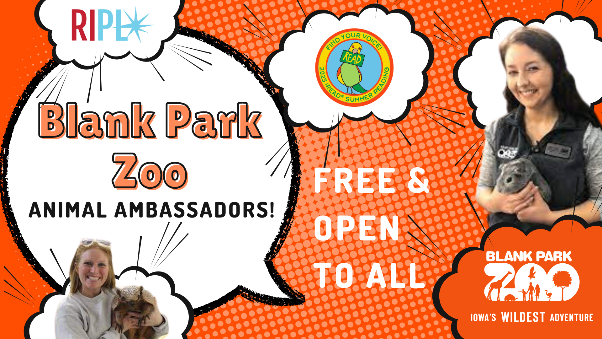 cartoon style background with speech bubbles and pictures of Blank Park Zoo educators holding different animals