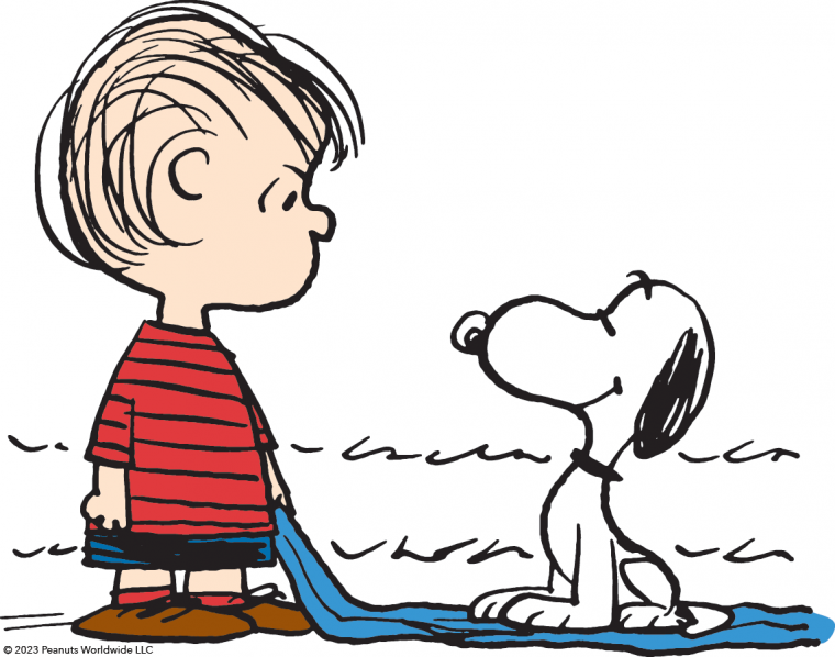 Graphic from The Figge Exhibit, Life & Art of Charles Schlulz. Linus with blanket looks at Snoopy