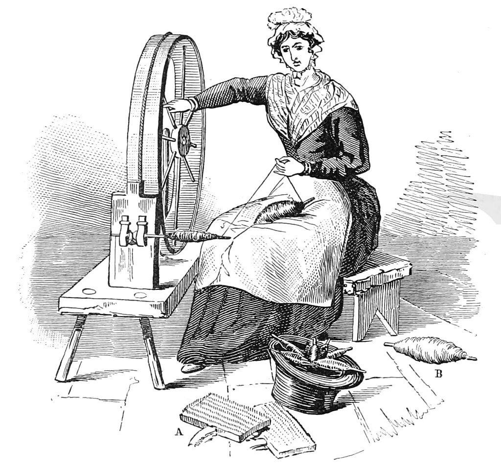 A woman using a spinning wheel to turn wool into thread (via Wikimedia Commons, Public Domain)