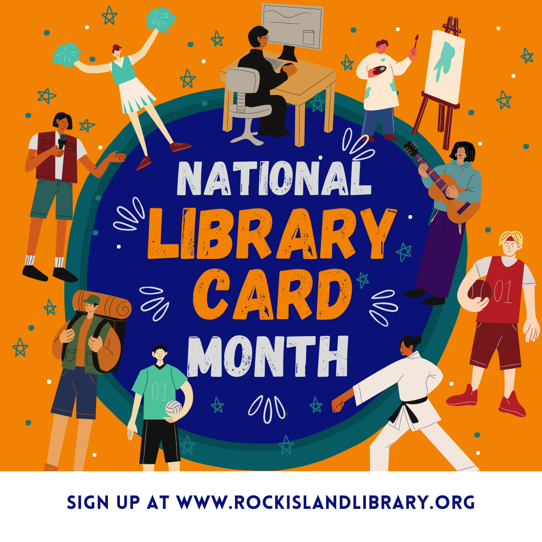 Illustration of people with different hobbies (painting, karate, hiking, guitar) to celebrate Finding your Element with your library card.