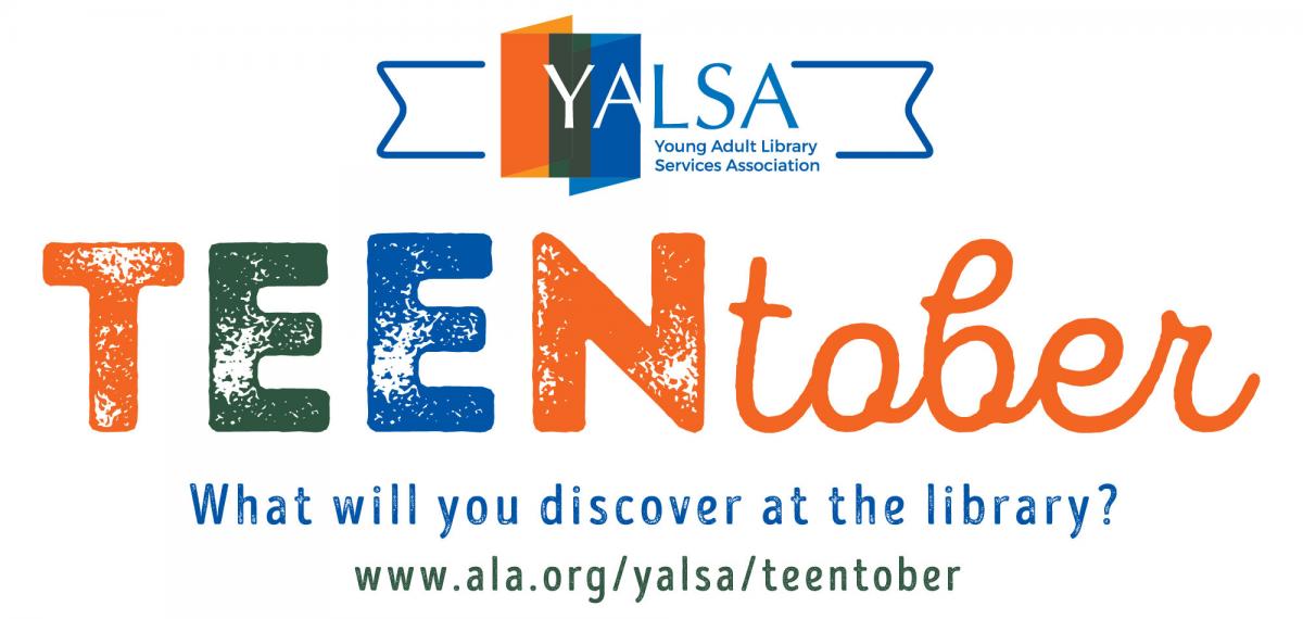 The Teentober logo, which features the Young Adult Library Services Association Logo: all letters appear in orange, green, or blue.