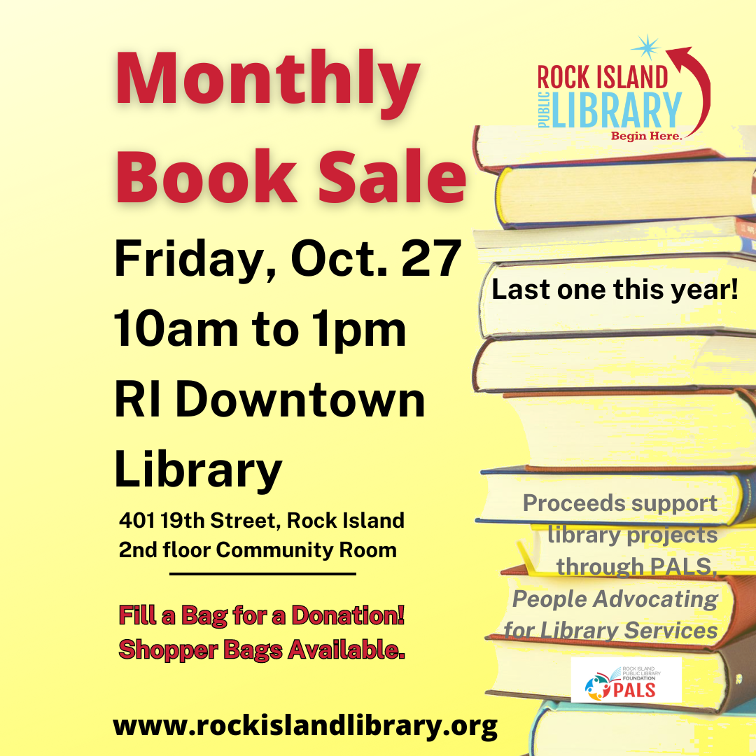 Oct. 27 book sale 10 am to 1 pm stack of books PALS and Library logos 