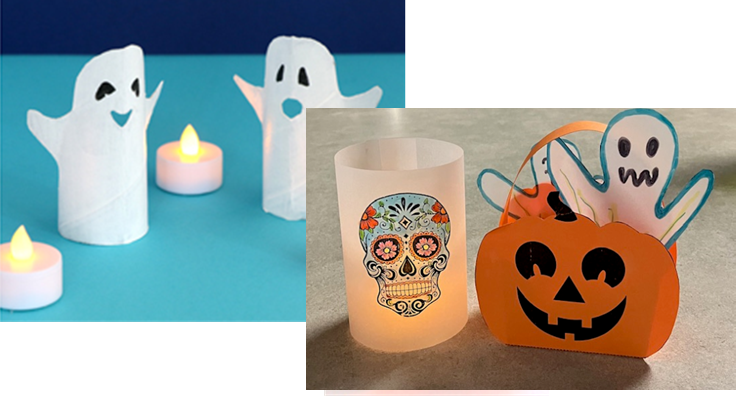 Spooky Fun Crafts - ghost and Day of the Dead luminaries, and a little Jack-o-Lantern basket