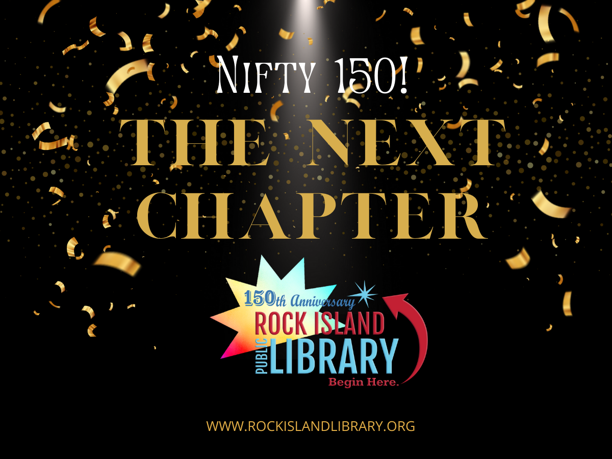 black background with gold confetti, words Nifty 150: The Next Chapter. Library logo. 