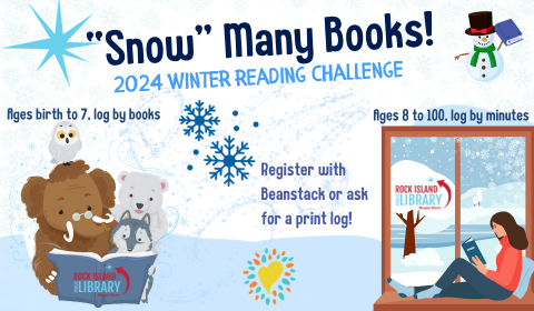 snowy background with pictures of animals reading and of a woman reading in a window, title: Snow Many Books 2024 Reading Challenge