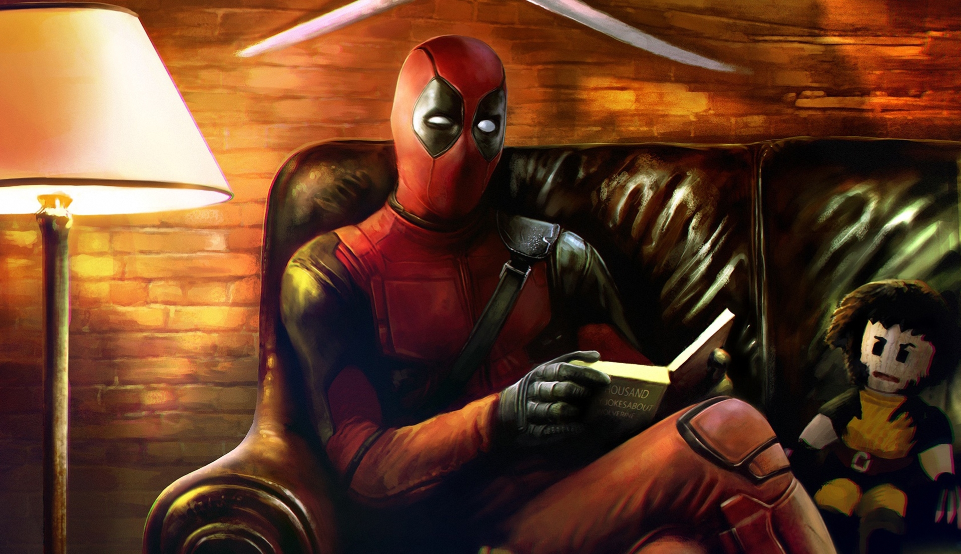 Deadpool (AKA Wade Wilson) wears his signature red and black suit. He is seated on a couch holding an open book, and next to him is a stuffed Wolverine (the superhero, not the carnivore) toy.
