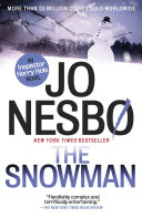 Book cover reading "The Snowman" by Jo Nesbo, featuring a snowman against a forested background