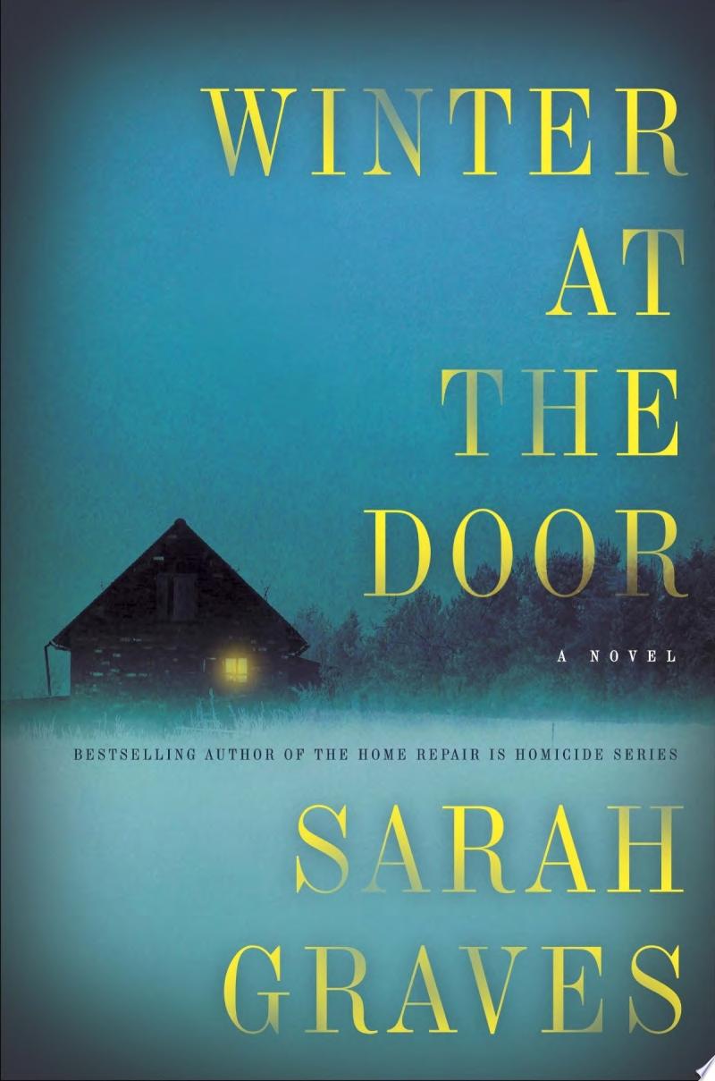 Book cover reading "Winter at the Door" by Sarah Graves, featuring the silhouette of a house with one lit window against a dark, snowy landscape