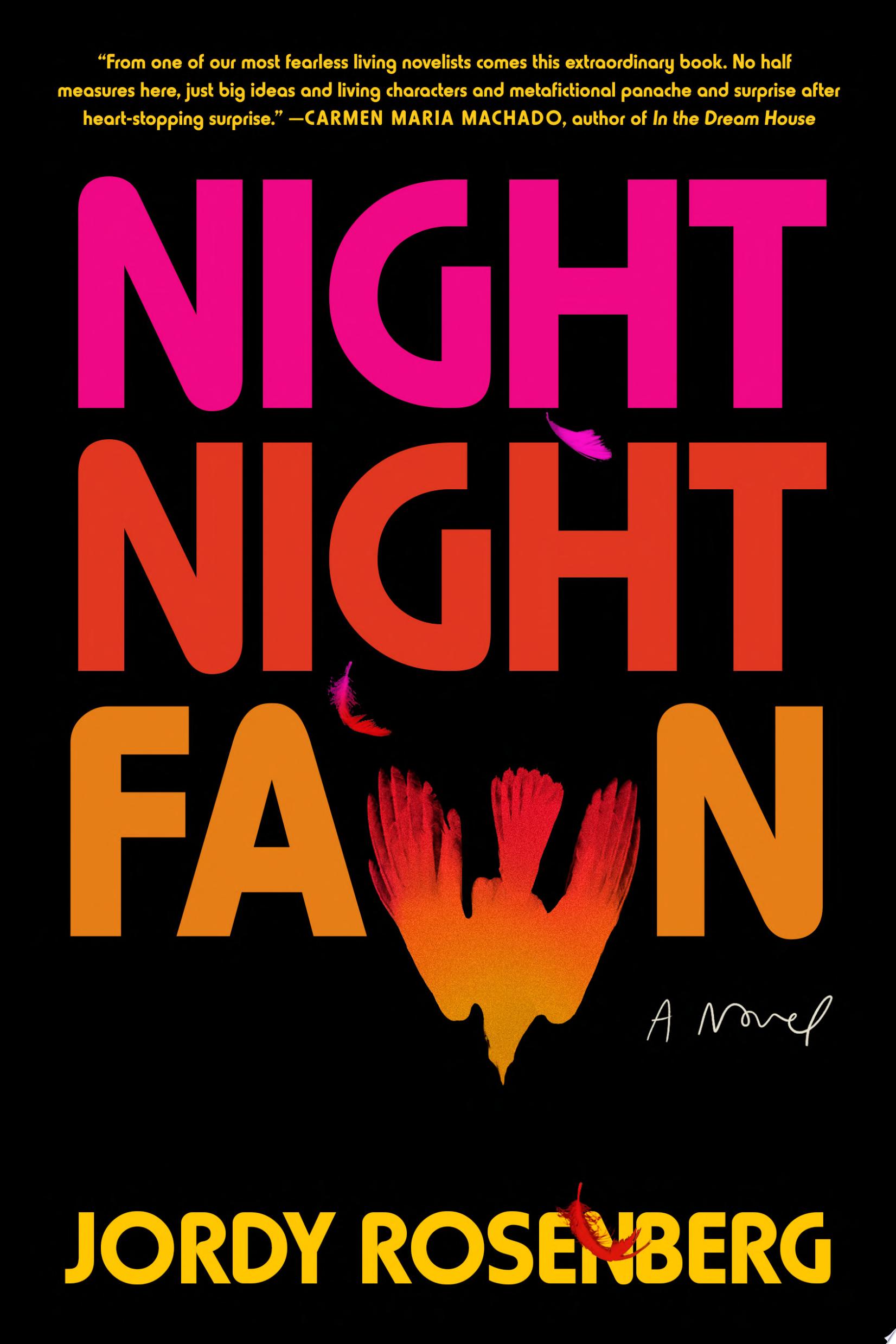 Book cover reading "Night Night Fawn" by Jordy Rosenberg, featuring pink, orange, and yellow lettering against a black background