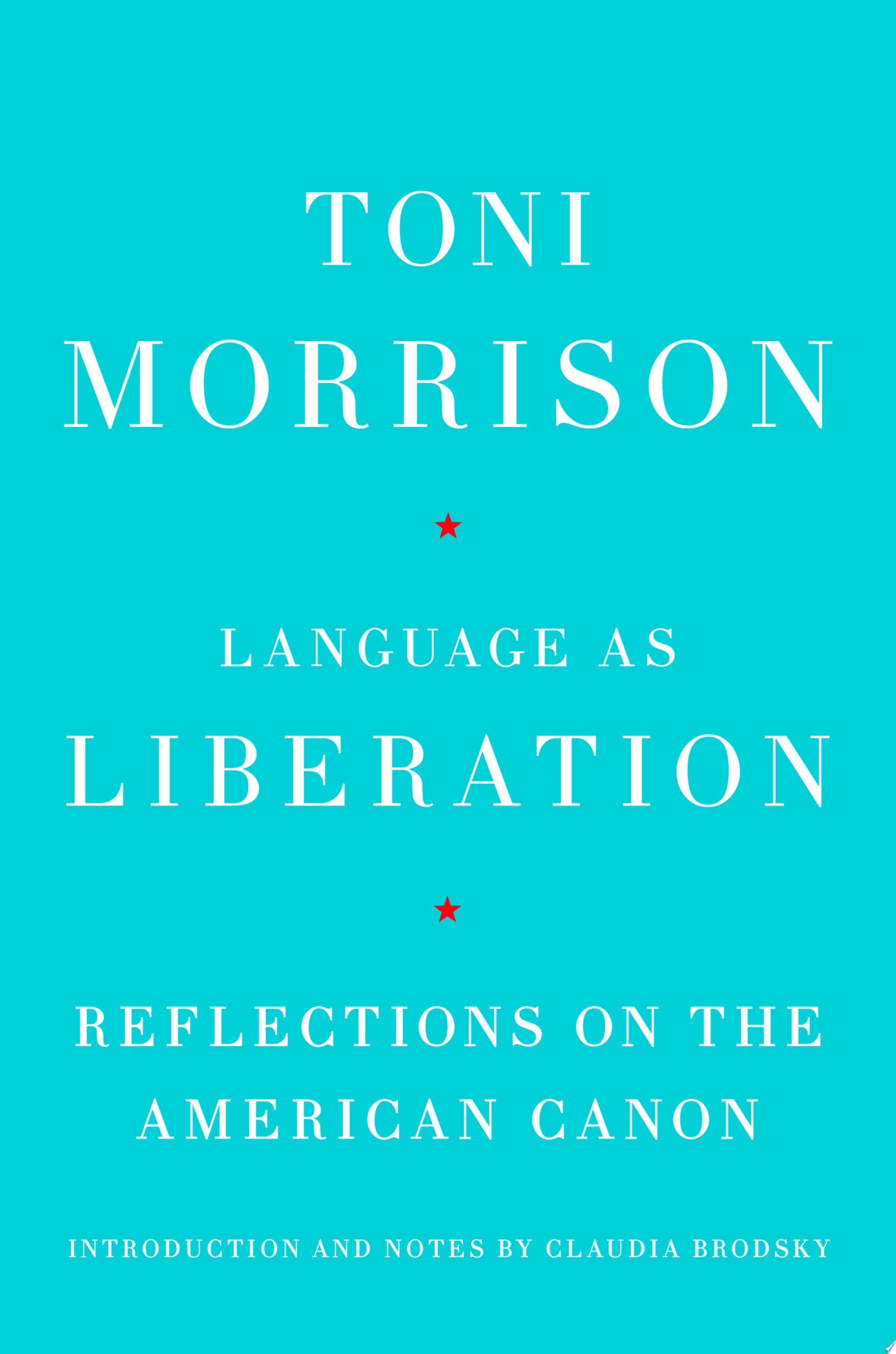 Book cover reading "Language as Liberation" by Toni Morrison, featuring white lettering and a bright blue background