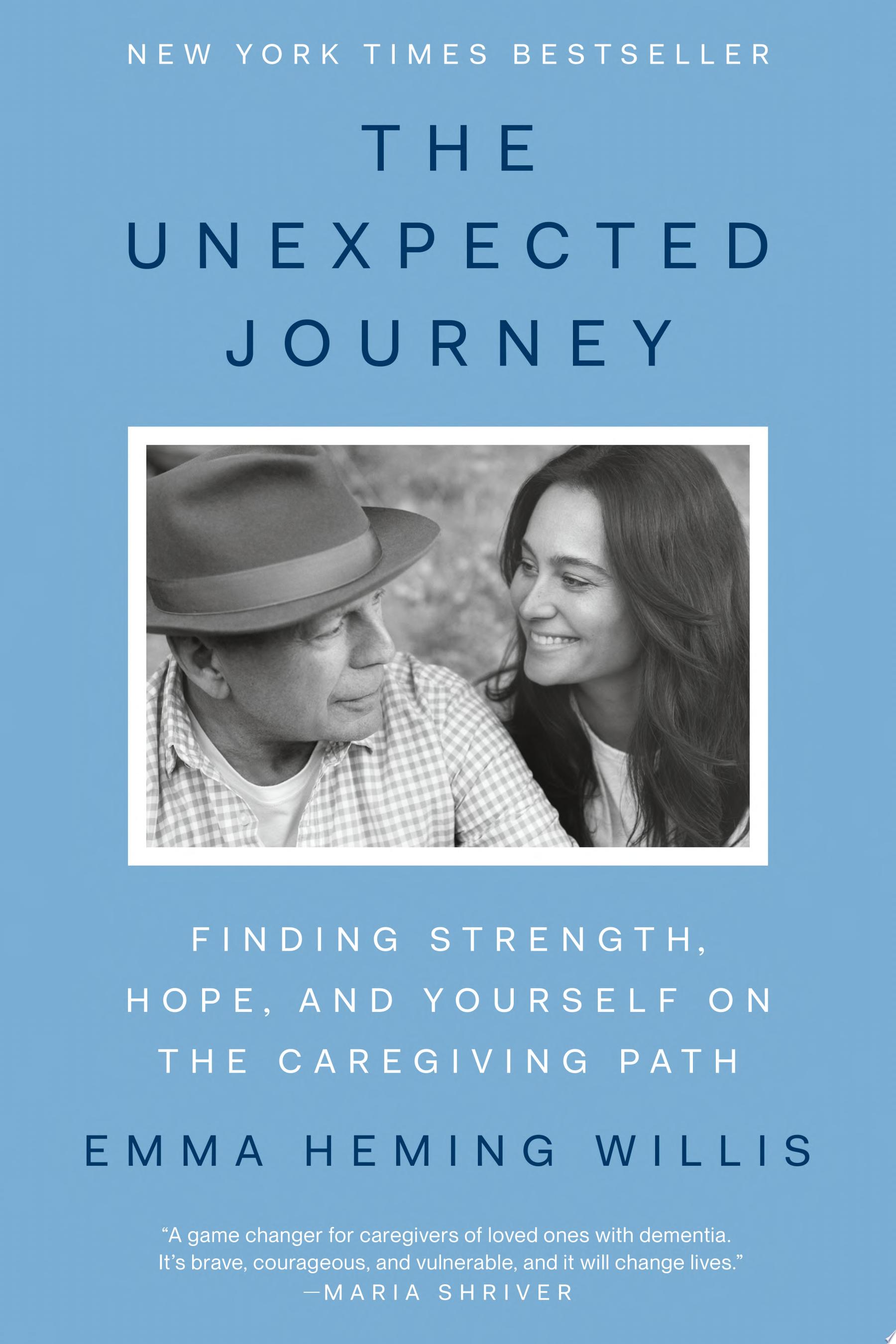 Book cover reading 'The Unexpected Journey' by Emma Heming Willis, featuring a black-and-white image of a man and woman against a blue background