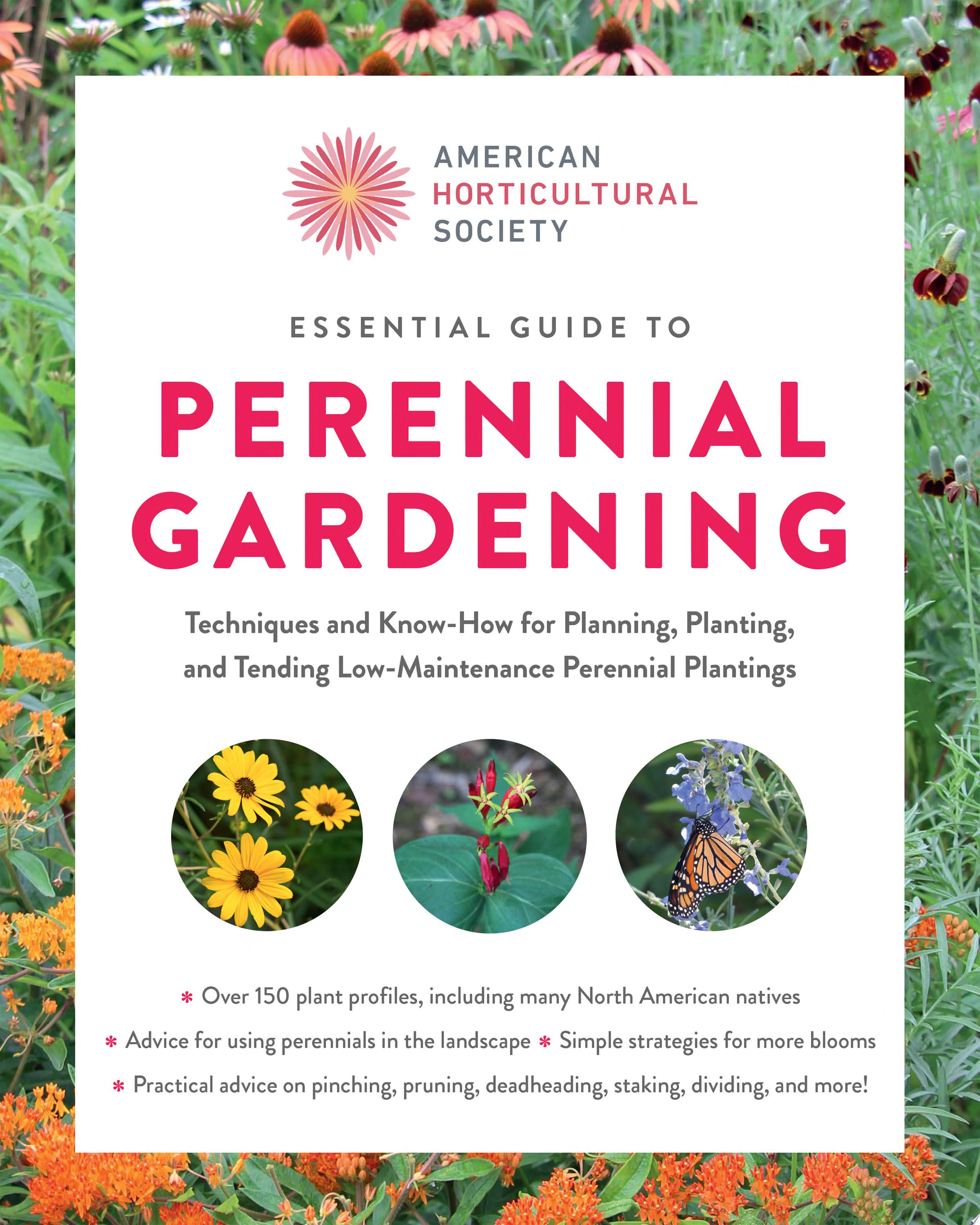 Book cover reading "Essential Guide to Perennial Gardening" by American Horticultural Society, featuring images of flowers