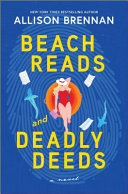 Book cover reading "Beach Reads and Deadly Deeds" by Allison Brennan, featuring a woman in a red swimsuit with a book on a pool float against a blue background with an outline of a fingerprint
