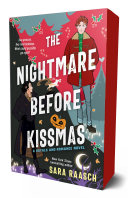 Book cover reading "The Nightmare Before Kissmas" by Sara Raasch, featuring an illustration split between a man standing within a snowy landscape against a red background and a man in black against a night sky background