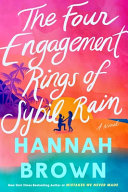 Book cover reading "The Four Engagement Rings of Sybil Rain" by Hannah Brown, featuring an illustration of a sunset over a beach with a small silhouette of a person proposing on one knee