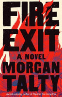 Book cover reading "Fire Exit" by Morgan Talty, featuring an illustration of a large red flame against a beige background