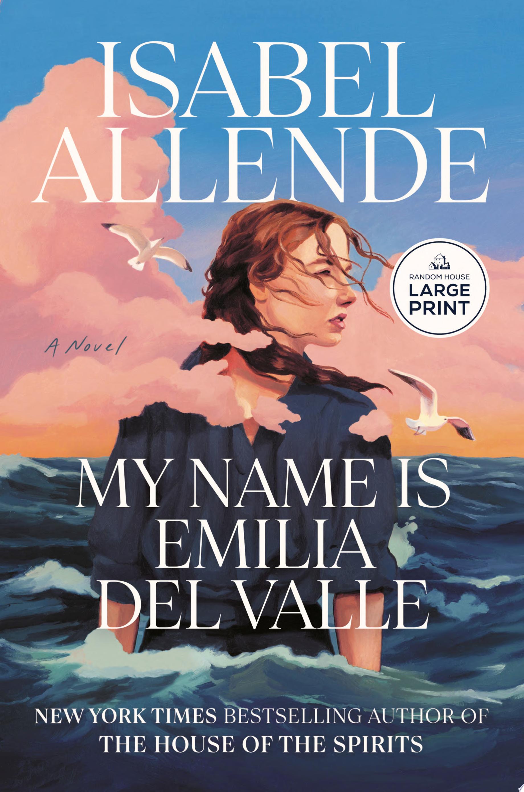 Book cover with white text reading "My Name is Emilia Del Valle" by Isabel Allende, featuring a women with long red hair standing in a body of water surrounded by pink clouds and white seagulls