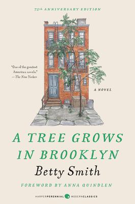 Book cover reading "A Tree Grows in Brooklyn" by Betty Smith, featuring an illustration of a tree rooted in cement standing in front of a three-story, brick building against a beige background