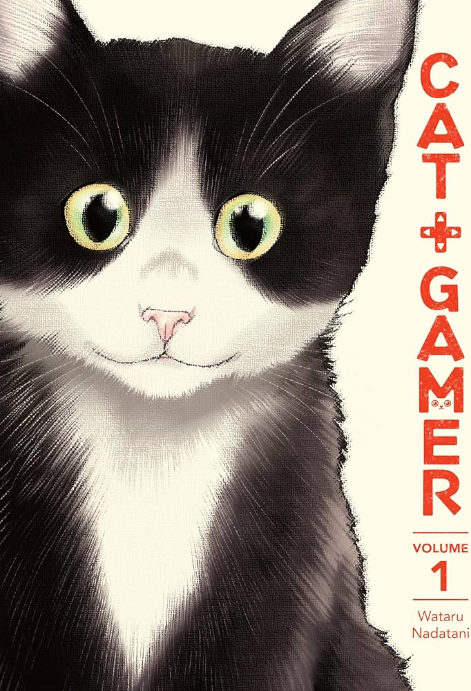 An image of a black and white tuxedo cat looking straight ahead, with the title "Cat + Gamer" in red text to the right.