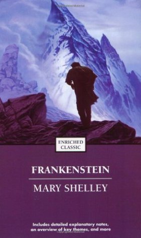 Book cover with white text reading "Frankenstein" by Mary Shelley, featuring a dark silhouette against a snowy, mountainous landscape