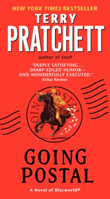 Book cover with black and white text reading "Going Postal" by Terry Pratchett, featuring a postage stamp against a red background