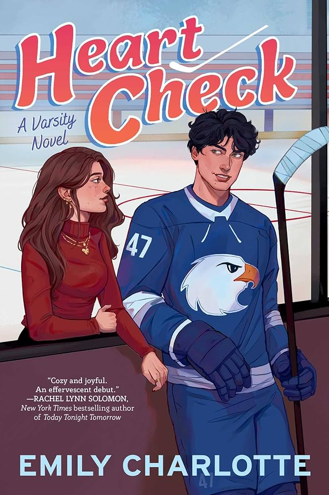 The cover image of "Heart Check," which features a teenage girl in a red sweater and a teenage boy wearing a hockey uniform.