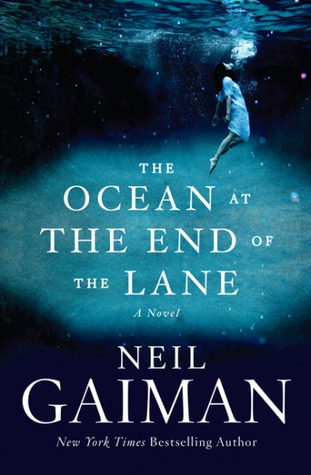 Book cover with white text reading "The Ocean at the End of the Lane" by Neil Gaiman, featuring a girl submerged under water