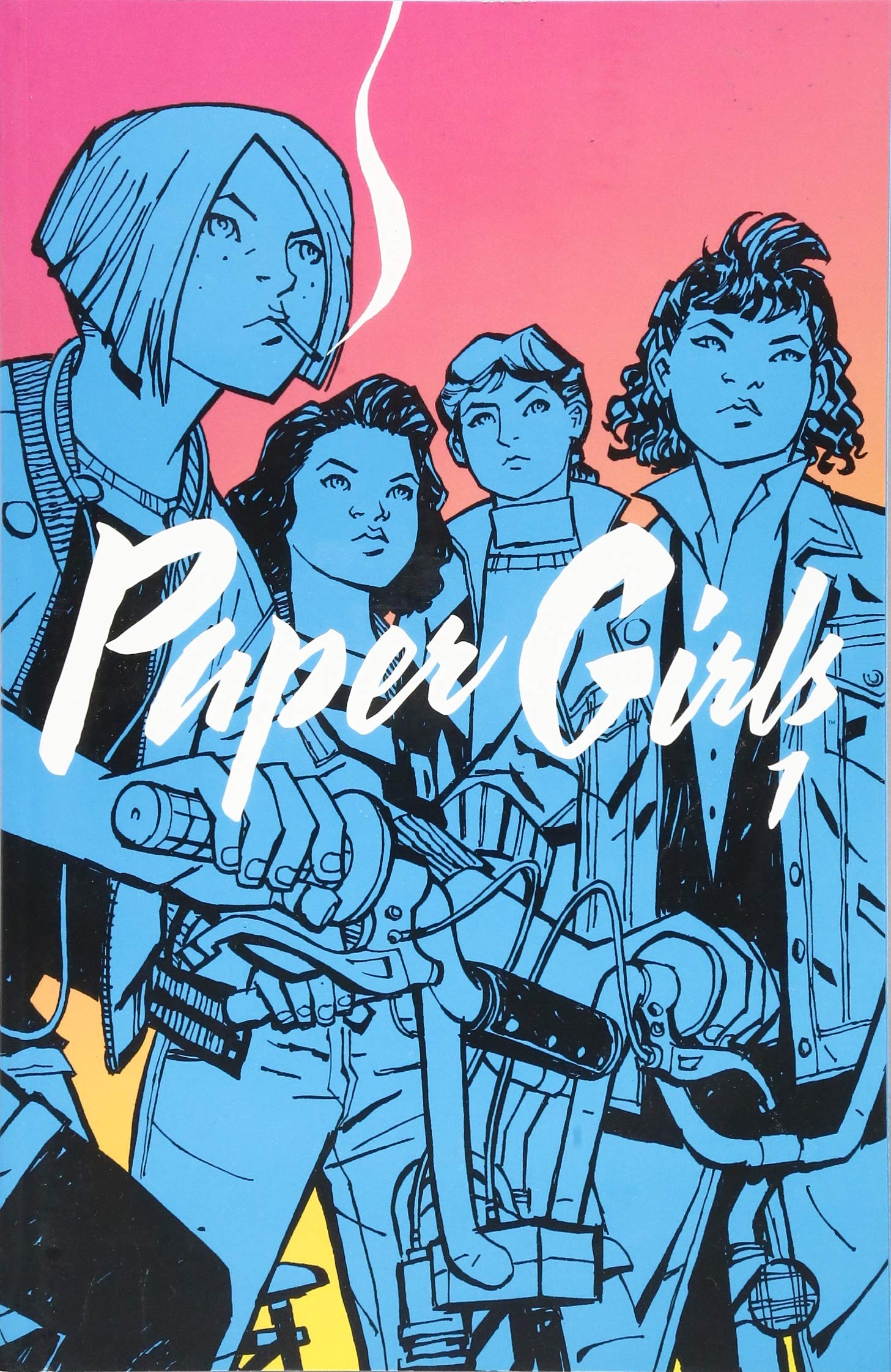 The cover of Paper Girls volume 1 features four girls colored in blue on a pink background.