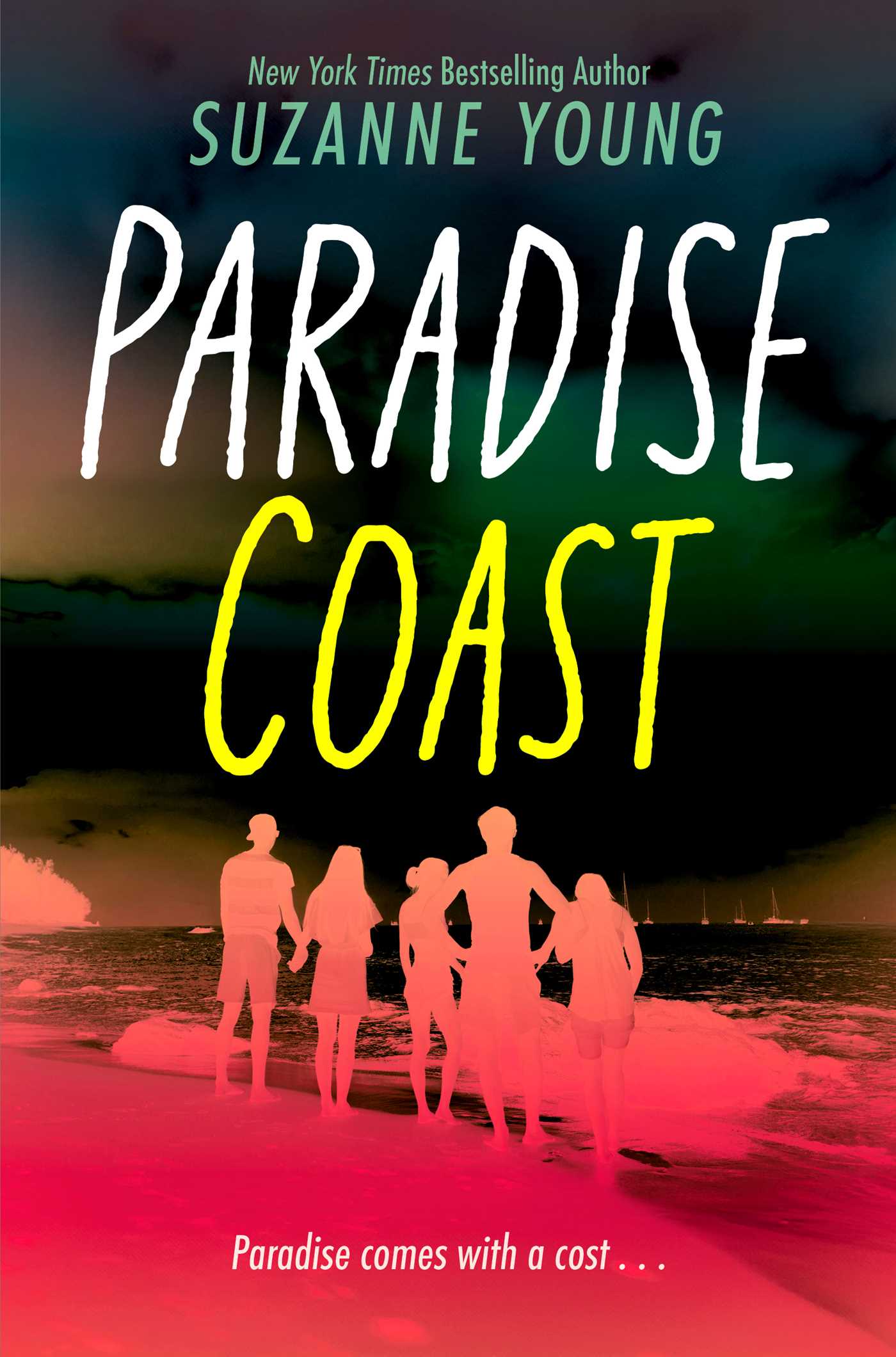 White and yellow letters spell out the title "Paradise Coast," while a dark sky in the background highlights the outlines of teens (that appear in shades of red) in the foreground.