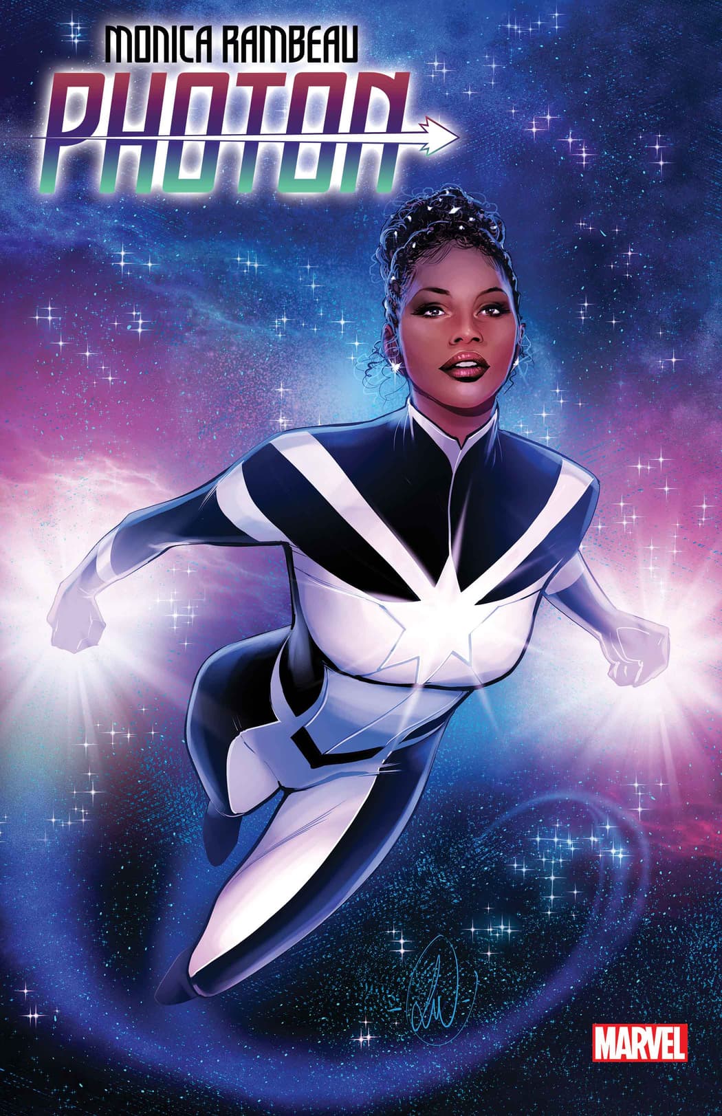 Monica Rambeau as Photon: an African American woman wearing a black and white costume flies through space.