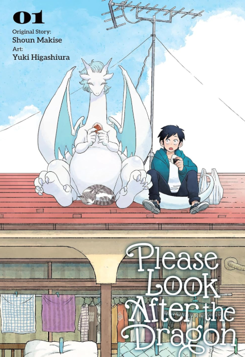 The cover of "Please Look After the Dragon" features a white dragon and a young man sitting on a rooftop eating rice balls under a blue sky.