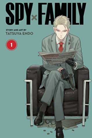 Book cover with black and gray text reading "Spy X Family" by Tatsuya Endo, featuring anime art of a man in a gray suit reading a newspaper in a black chair