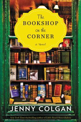 Book cover with gray and white text reading "The Bookshop on the Corner" by Jenny Colgan, featuring a storefront of a bookshop within a green window frame
